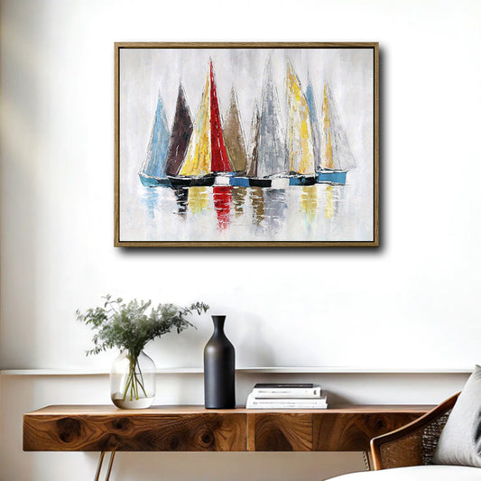 Colorful Sailboat Reflection Canvas Wall Art, Impasto Abstract Sailboats on Water Oil Painting Print, Horizontal Modern Nautical Coastal Living Room Wall Decor