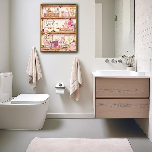 Watercolor Vintage Bathroom Canvas Poster, Pink Tones Bath Shelf Cosmetics & Funny Sayings Artwork for Guest Bathroom Decor