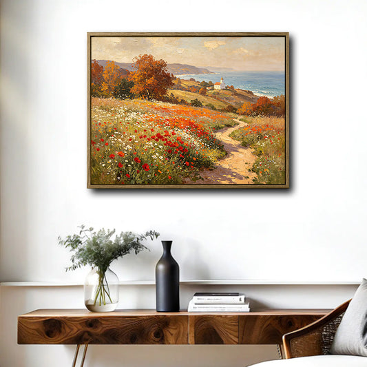 Fall Coastal Poppy Field Canvas Wall Art Vintage Autumn Seaside Country Home Decor