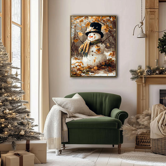 Autumn Forest Snowman Framed Wall Art Vintage Oil Painting Winter Print