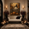 Vintage Ghost Witch Hat Pumpkin Fence Halloween Framed Wall Art Print