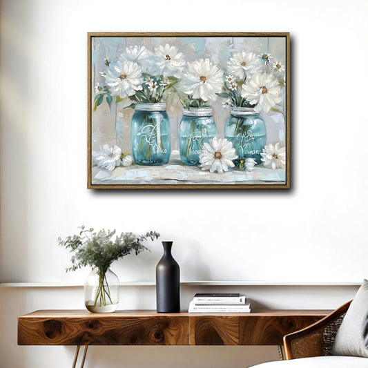 Shabby Chic Wall Decor, White Daisies In Turquoise Glass Jars Faith Hope Love Text Distressed Pale Background Canvas Art, Horizontal Rustic Cottage Farmhouse Floral Artwork