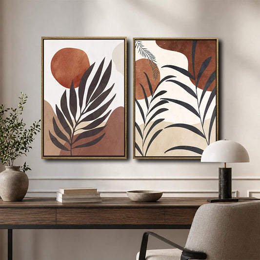 Set of 2 Terracotta Palm Leaf Boho Botanical Neutral Canvas Wall Art