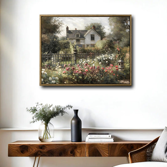 Soft Vintage Cottage Garden Scene Canvas Art | Idyllic English Countryside Rose Garden Artwork for French Cottage Decor