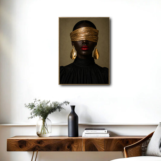 Moody Luxury Portrait Canvas Poster, Black Woman with Gold Blindfold Artwork for Office Gallery Wall Glam Home Decor