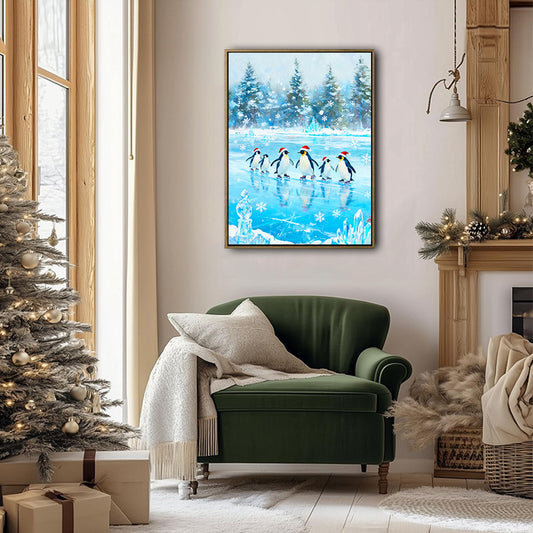 Ice‑Skating Penguins Santa Hat Framed Wall Art Christmas Decoration