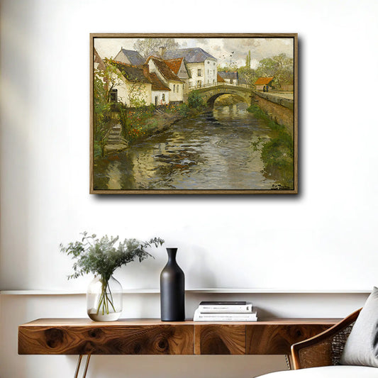 Classic Old European Riverside Town Canvas Wall Art, Retro Country Village Stone Bridge Scenery Framed Painting, Vintage Farmhouse Wall Decor for Bedroom Office
