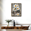 Rustic Farmhouse Wall Decor, White Sunflowers In Galvanized Bucket “FLOWERS & SUNLIGHT” Distressed Wood Background Vertical Canvas Art, Shabby Chic Country Floral Artwork