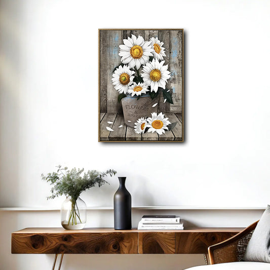 Rustic Farmhouse Wall Decor, White Sunflowers In Galvanized Bucket “FLOWERS & SUNLIGHT” Distressed Wood Background Vertical Canvas Art, Shabby Chic Country Floral Artwork