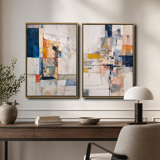 2 Piece Vintage Geometric Collage Abstract Canvas Prints Color Block Impasto Painting Contemporary Neutral Wall Art
