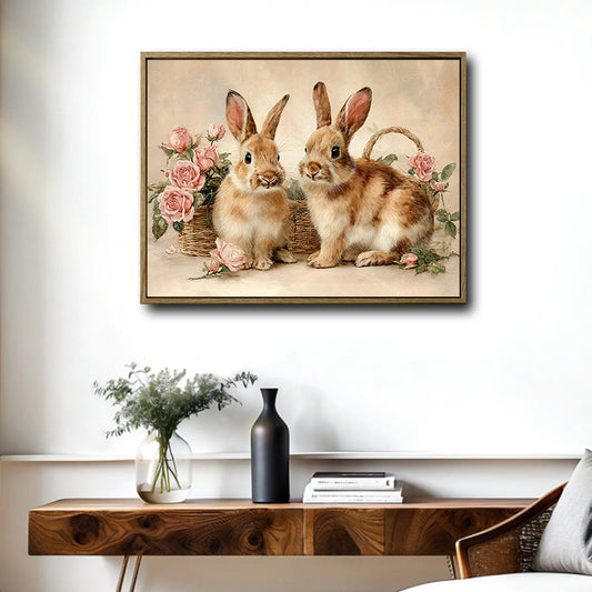 Two Bunnies Pink Rose Floral Canvas Wall Art