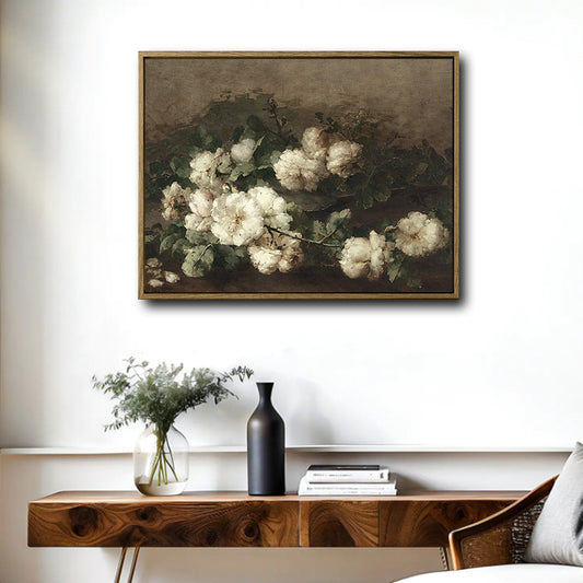Vintage White Roses Still Life Canvas Wall Art | Classic Floral Oil Painting Print, Antique Moody Home Decor