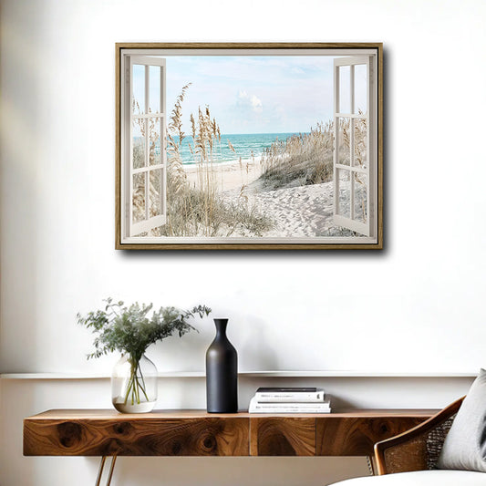 Faux Window Beach Pampas Grass Seascape Wall Art