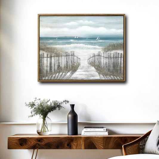 Neutral Coastal Beach Path Canvas Print, Vintage Sailboat Horizontal Wall Art