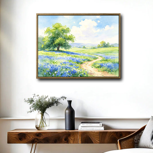 Spring Blue Wildflower Meadow Canvas Wall Art Watercolor Country Home Decor