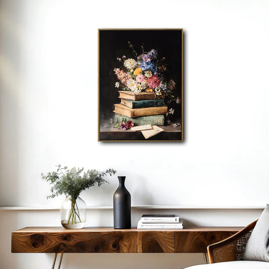 Antique Style Still Life Wall Decor, Wild Blooms on Vintage Books Oil Painting Canvas Poster for Book Lovers
