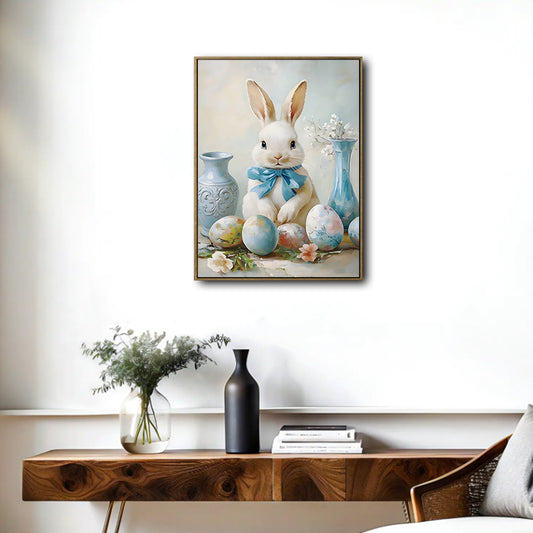 White Bunny Blue Bow Easter Eggs Still Life Canvas Wall Art