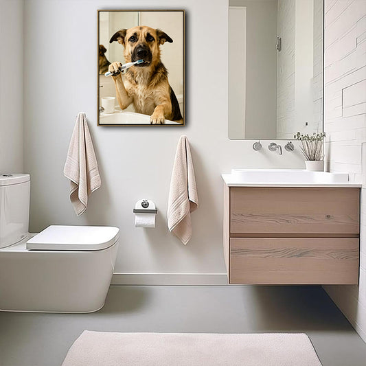 Whimsical German Shepherd Bathroom Poster, Dog Brushing Teeth At Sink Print, Fun Wall Art for Dog Lovers