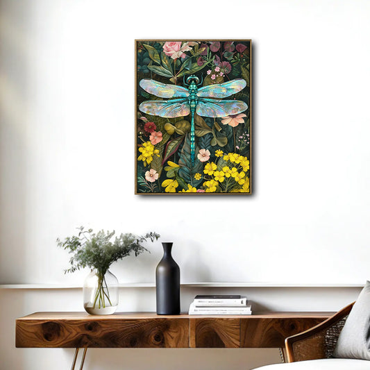 Cottagecore Nature Canvas Wall Decor, Iridescent Dragonfly & Lush Wild Flowers Art Print for Nature Lovers