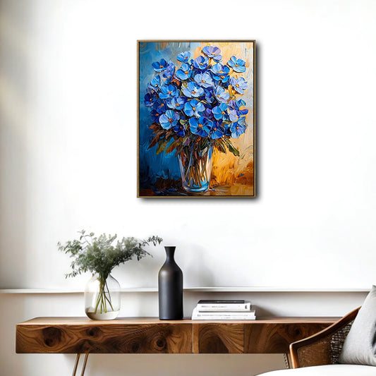 Blue Wildflowers Glass Vase Canvas Wall Art, Thick Brushstroke Impasto Oil Painting Floral Vertical Print, Modern Farmhouse Vibrant Flower Home Wall Decor