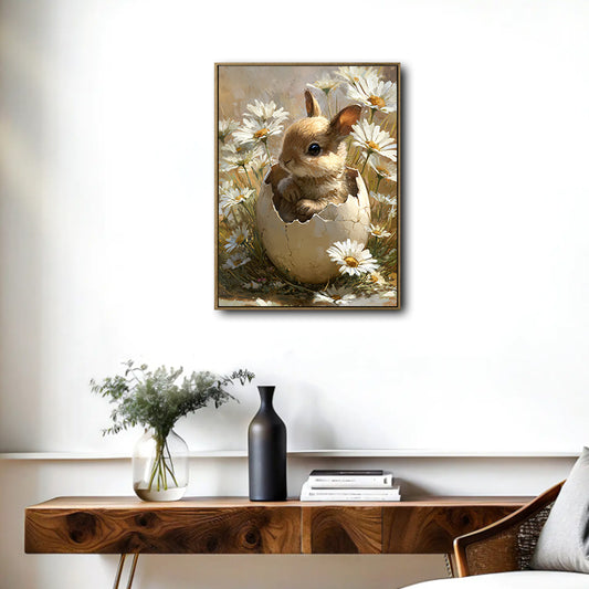 Baby Bunny in Cracked Eggshell White Daisies Canvas Wall Art