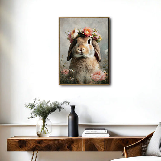 Vintage Lop Bunny Rose Flower Crown Floral Canvas Wall Art