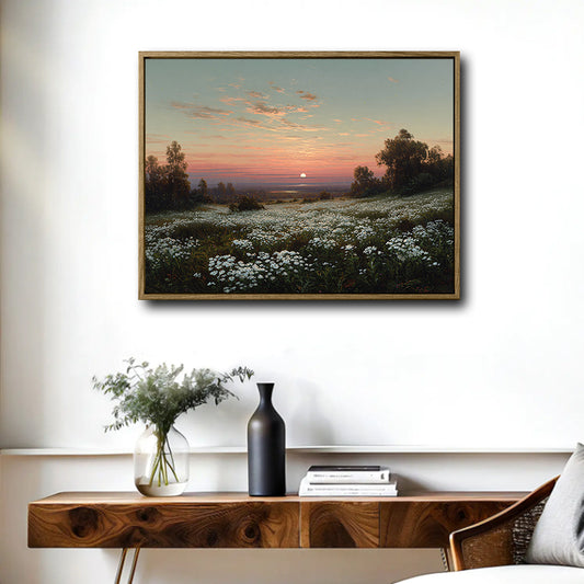 Sunset White Wildflower Meadow Canvas Wall Art Vintage Country Horizontal Home Decor