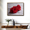 Valentine Two Red Roses Canvas Wall Art, Dewy Red Roses on Rustic White Wood Plank Framed Canvas Print, Romantic Bedroom Farmhouse Wall Decor