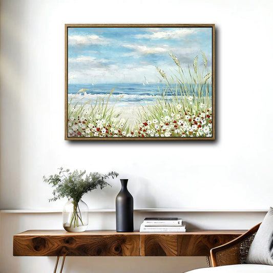 Wildflower Beach Dunes Ocean Canvas Print, Coastal Sailboat Horizontal Wall Art
