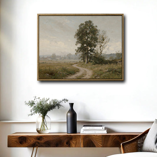 Vintage Muted Rural Country Path Landscape Canvas Wall Art | Antique Countryside Oil Painting Print for Farmhouse Home Decor
