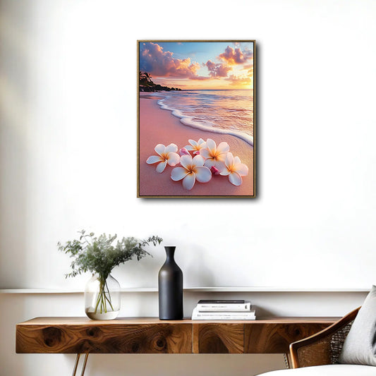 Tropical Plumeria Flower Pink Sand Coastal Sunset Wall Art