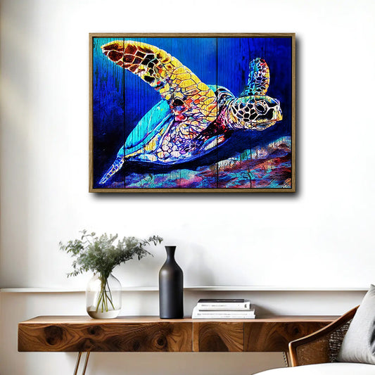 Coastal Beach House Wall Decor, Bright Multicolor Sea Turtle Painting On Distressed Blue Wood Plank Background, Underwater Marine Life Horizontal Canvas Art, Nautical Tropical Artwork