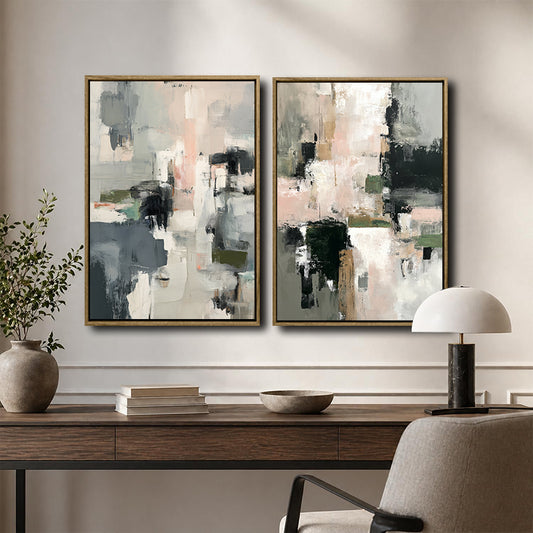 2 Piece Neutral Impasto Abstract Canvas Prints Soft Pink Dark Green Grey Block Painting Organic Modern Wall Art