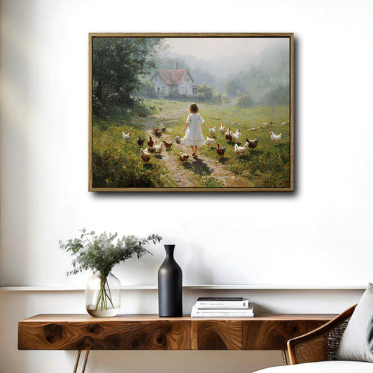 Antique Farm Scene Canvas Poster, Soft Pastoral Oil Painting Girl and Chickens Countryside Artwork for Cottage Farm‑Style Wall Decor