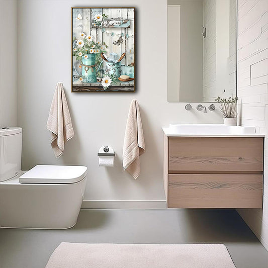 Vintage Teal Watering Can Daisy Butterfly Bathroom Canvas Wall Art, Farmhouse White Wooden Plank Bath Sign Vertical Print, Shabby Chic Country Bathroom Wall Decor