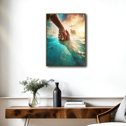 Jesus Reaching Hand Saving Peter On Water Framed Canvas Wall Art, Christian Sea Miracle Religious Faith Home Decor Print