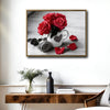 Valentine Red Rose Mug Canvas Wall Art, Heart Cup Gray Rose Petals Rustic Wooden Background Framed Canvas Print, Romantic Bedroom Kitchen Wall Decor