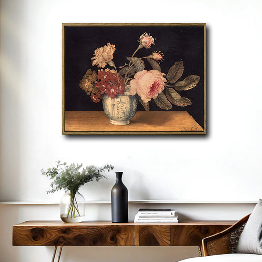 Vintage Floral Framed Wall Art, Flowers in a Delft Jar by Alexander Marshal, Dark Moody Still Life Canvas Print for Living Room Decor