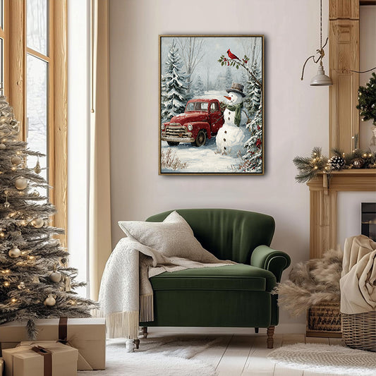 Red Truck Snowman Cardinal Bird Framed Canvas Wall Art, Country Christmas Decor