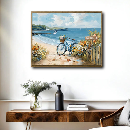Watercolor Beach Scene Blue Bike With Flowers Coastal Wall Art