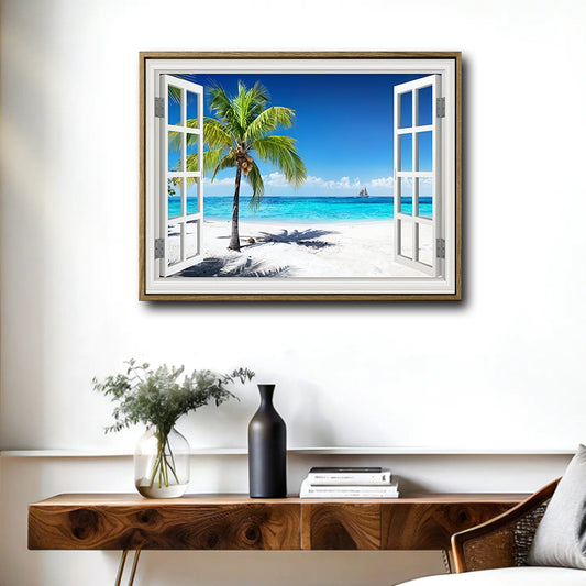 Open Window Tropical Beach Canvas Print, Coastal Ocean Horizontal Wall Art