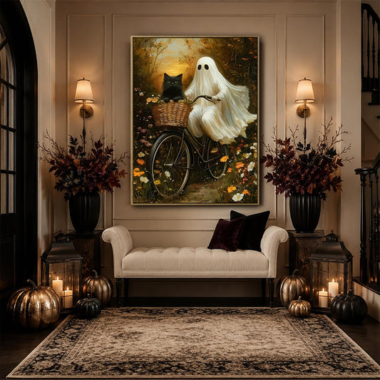 Ghost Riding Bicycle With Black Cat Wildflower Canvas Wall Art, Vintage Oil Painting Spooky Cute Halloween Vertical Print, Dark Academia Cottagecore Halloween Wall Decor