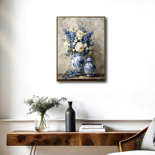 Classic Blue & White Porcelain Floral Wall Decor, Vintage Oil Painting Still‑Life with Peonies Canvas Poster