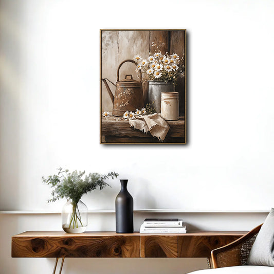 Vintage Rustic Watering Can White Daisy Canvas Wall Art, Farmhouse Metal Bucket Wildflower Still Life Vertical Print, Shabby Chic Country Neutral Floral Wall Decor