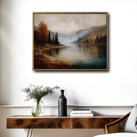 Muted Vintage Fall Lake Scene Canvas Art | Moody Misty Mountain Valley Landscape Artwork for Cottage Rustic Home Decor