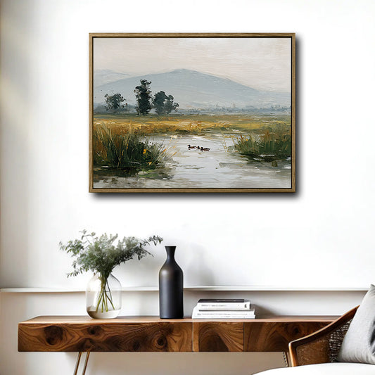 Muted Marsh Pond Ducks Landscape Canvas Wall Art Vintage Farmhouse Horizontal Decor