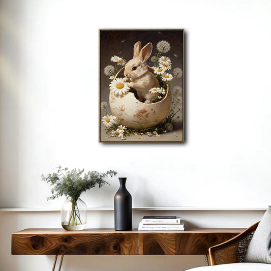 Baby Rabbit Easter Egg Shell Daisies Dandelions Canvas Wall Art