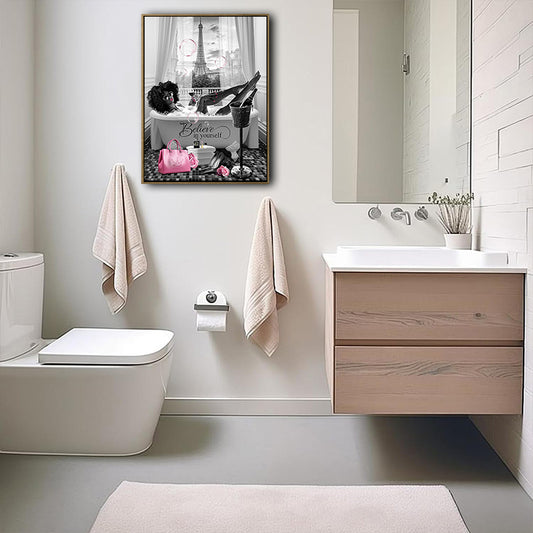 Black Woman Luxury Paris Bathroom Wall Art, Believe In Yourself Afro Lady Eiffel Tower Pink Accent Canvas Decor