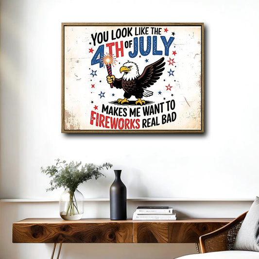 You Look Like The 4th Of July Bald Eagle Canvas Wall Art, Funny Patriotic Eagle Fireworks Canvas Print, Retro Distressed Independence Day Farmhouse Decor