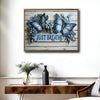 Farmhouse Relaxing Wall Decor, Two Blue Butterflies & Blue Flowers With Quote Just Breathe, Distressed White Wood Plank Background 3D Textured Look Horizontal Inspirational Canvas Artwork